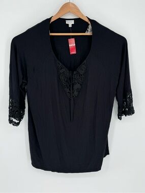 NWT Avenue Women's Plus Size Tunic Top Size 22/24 Black with Lace and Tie N8